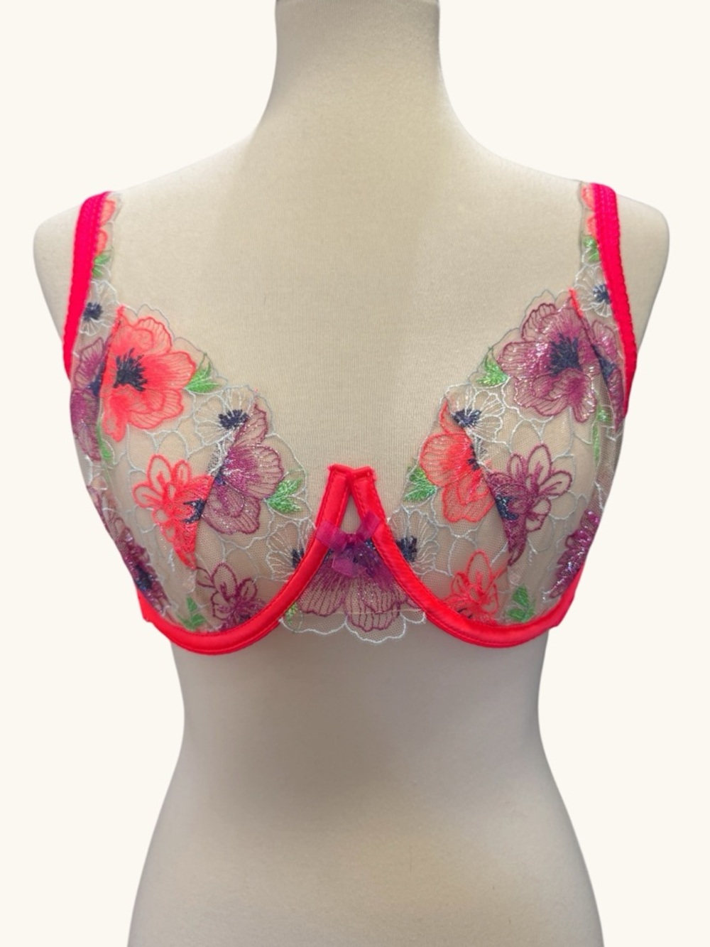 For Love And Lemons Neon Pink & Multicolor Floral Sheer Underwire Bra